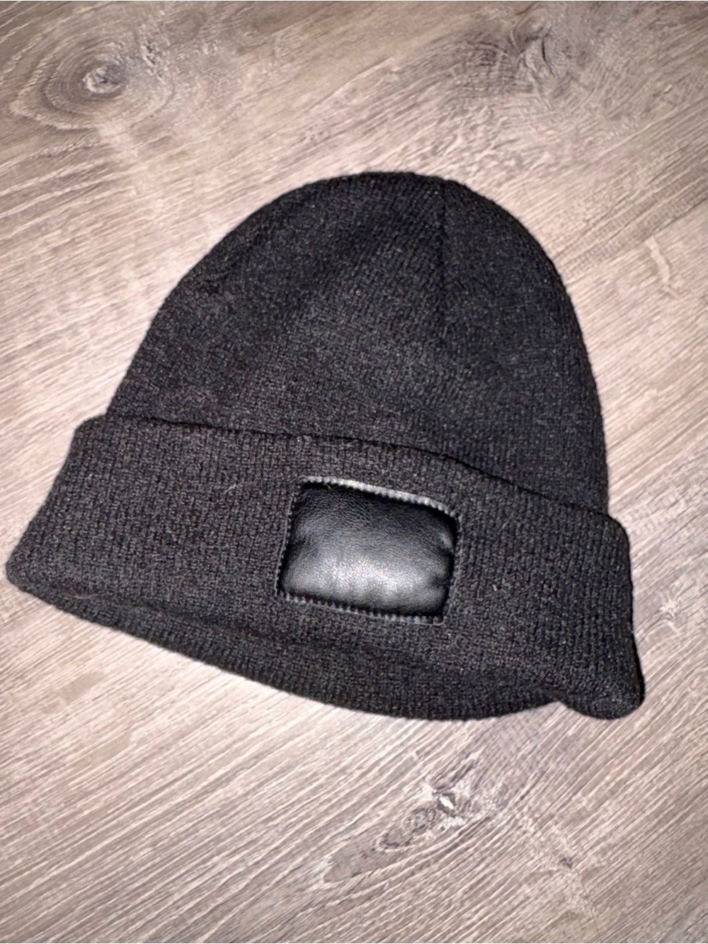 Classic Black Knit Beanie with Leather Patch - Men
